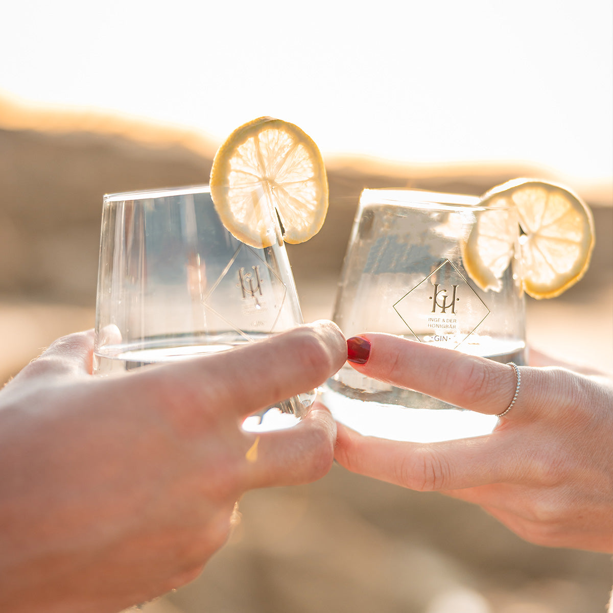 Zwei Inge und der Honigbär Gin-Gläser mit Zitronen werden angestoßen