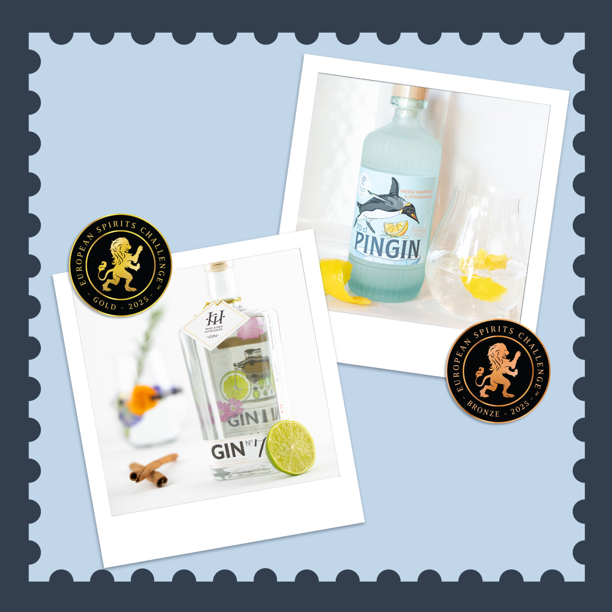 Polaroids von PINGIN und Gin NO. 7 mit Europeans Spirits Challenge Awars Gold und Bronze