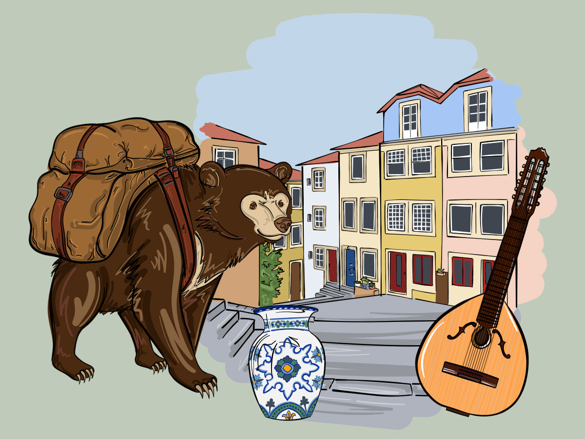 Illustration vom Honigbär auf der Reise in die Herkunft des handgemachten premium Gin NO. 05