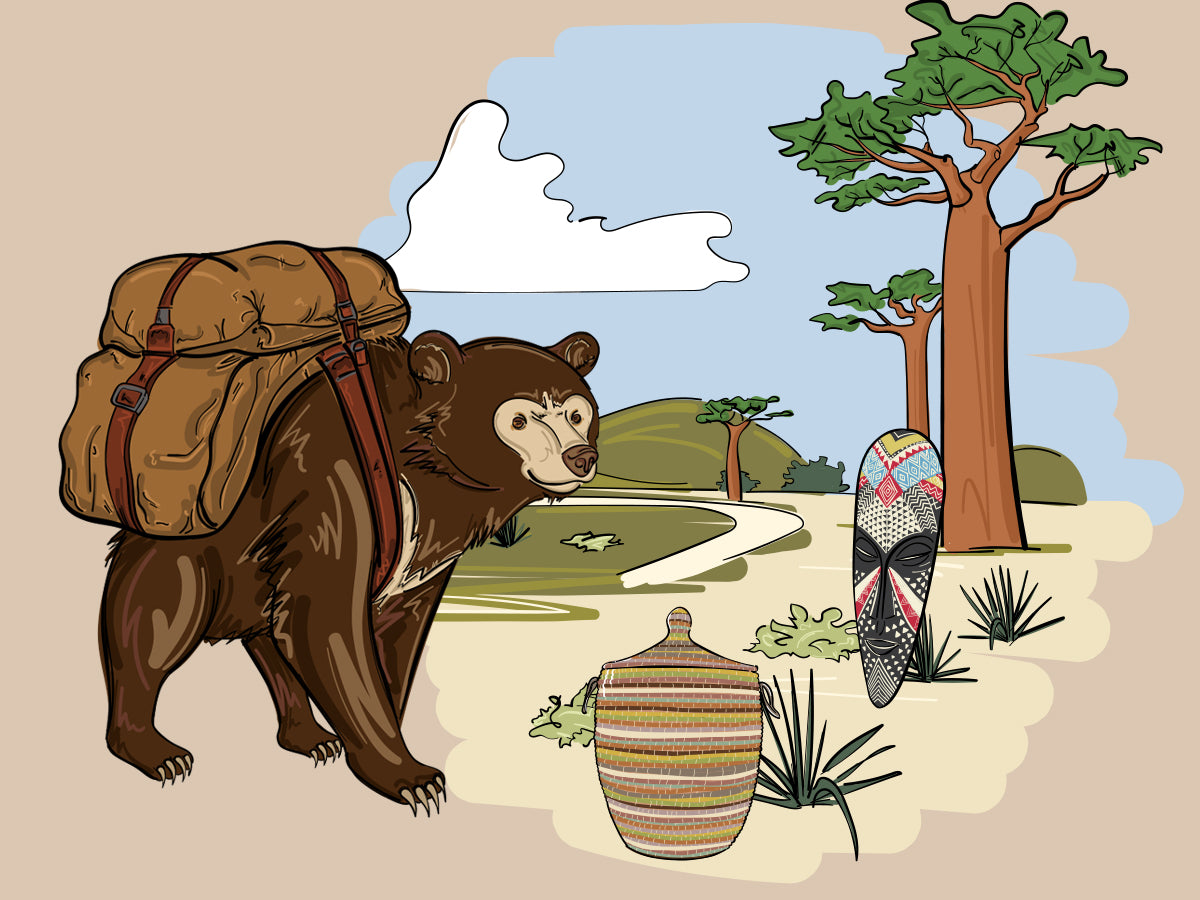 Illustration vom Honigbär auf der Reise in die Herkunft des handgemachten premium Gin NO. 06