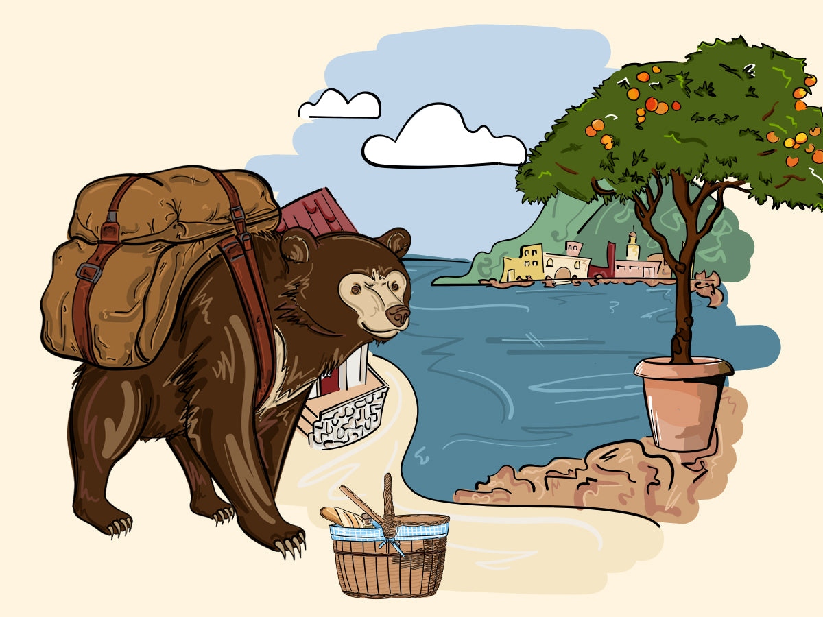 Illustration vom Honigbär auf der Reise in die Herkunft des handgemachten premium Gin NO. 08