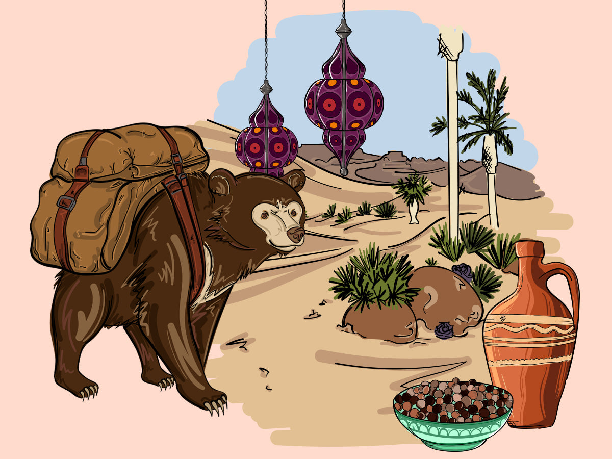 Illustration vom Honigbär auf der Reise in die Herkunft des handgemachten premium Gin NO. 09