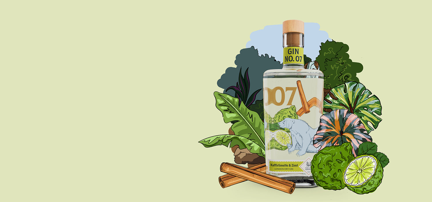 Premium-handgemachter Inge und der Honigbär Gin No. 07 auf illustriertem Dschungel Hintergrund