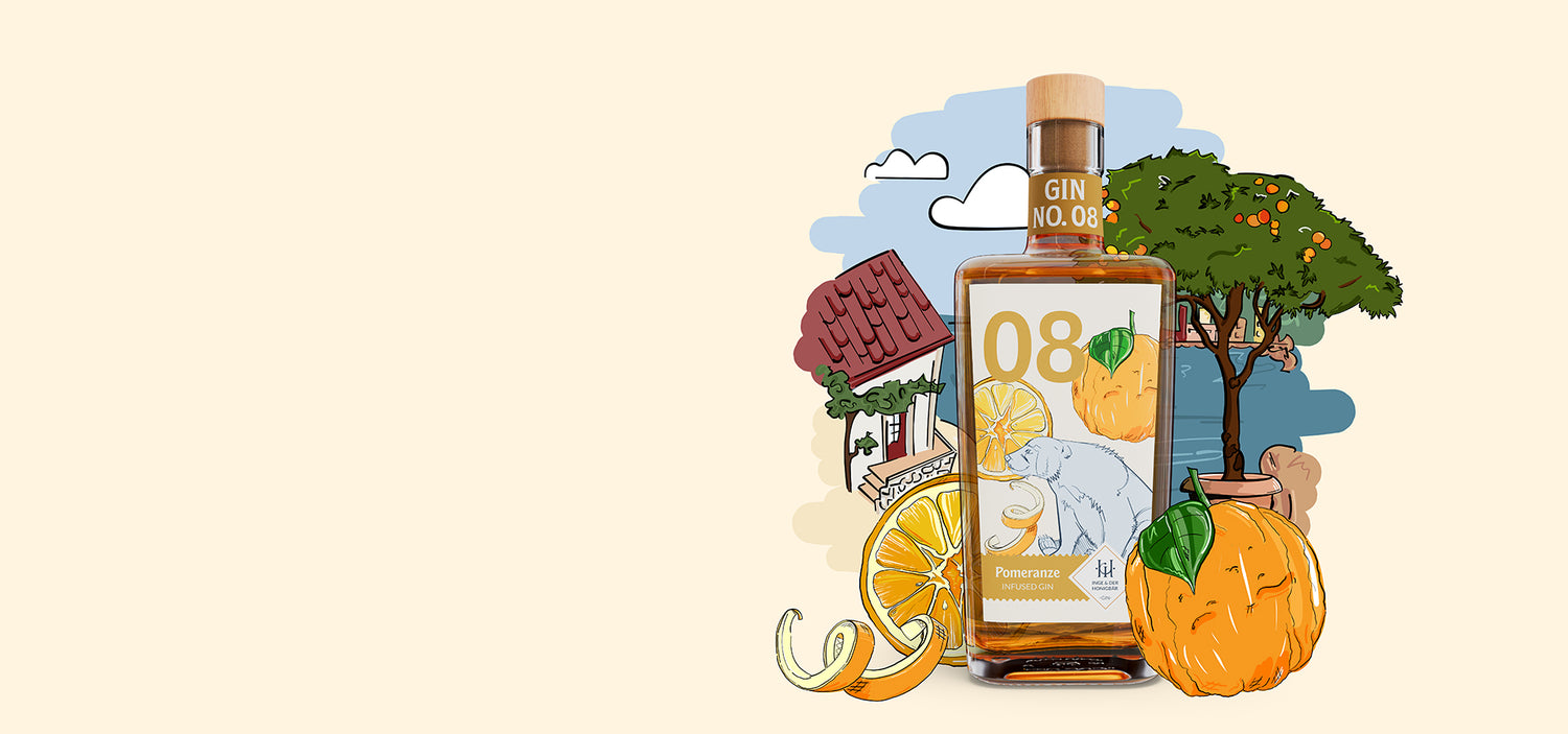 Premium-handgemachter Inge und der Honigbär Gin No. 08 auf illustriertem Côte d’Azur Hintergrund