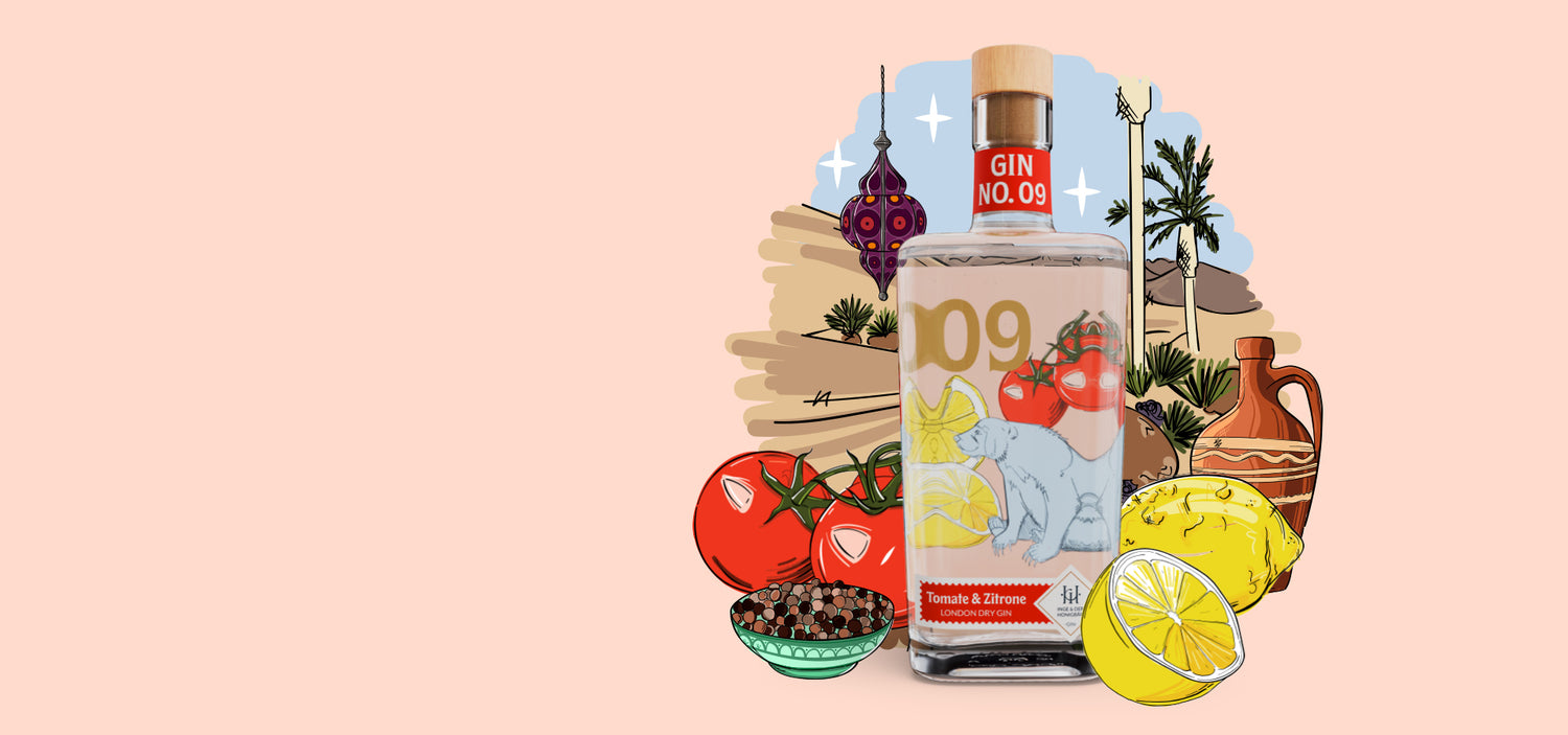 Premium-handgemachter Inge und der Honigbär Gin NO. 09 auf illustriertem orientalischem Hintergrund