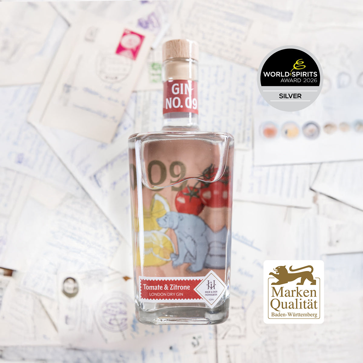 Inge und der Honigbär Tomate & Zitrone – Gin NO. 09 große Flasche liegend auf Postkarten