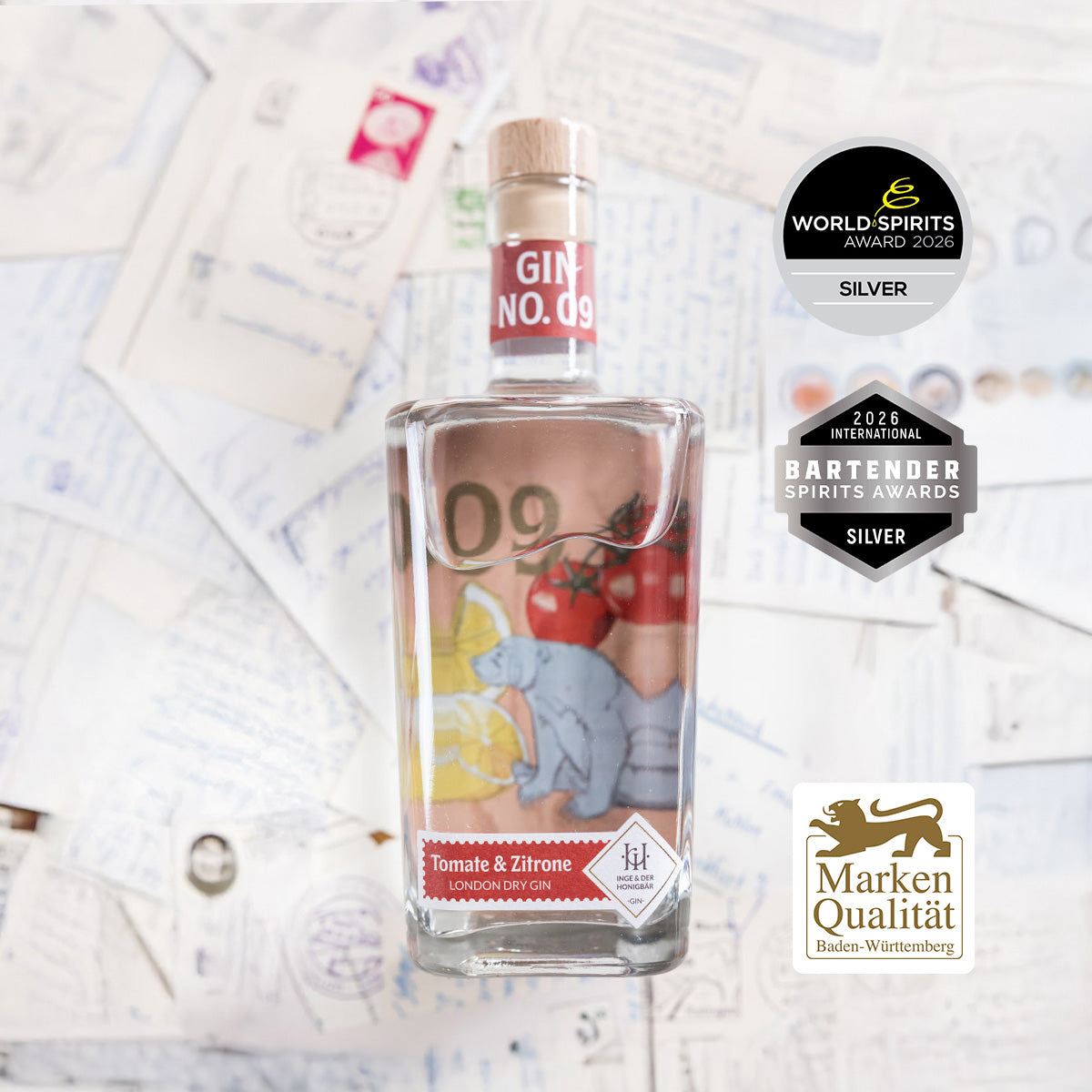 Inge und der Honigbär Tomate & Zitrone – Gin NO. 09 große Flasche liegend auf Postkarten