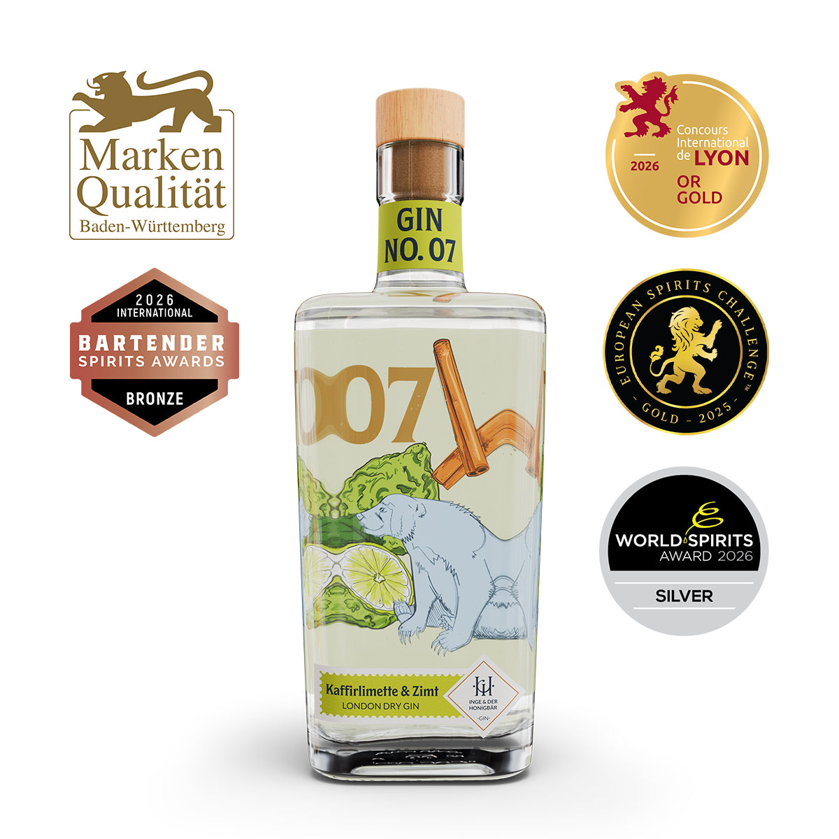 Ausgezeichneter Premium Inge und der Honigbär Gin Kaffirlimette & Zimt – Gin NO. 07 500ml 