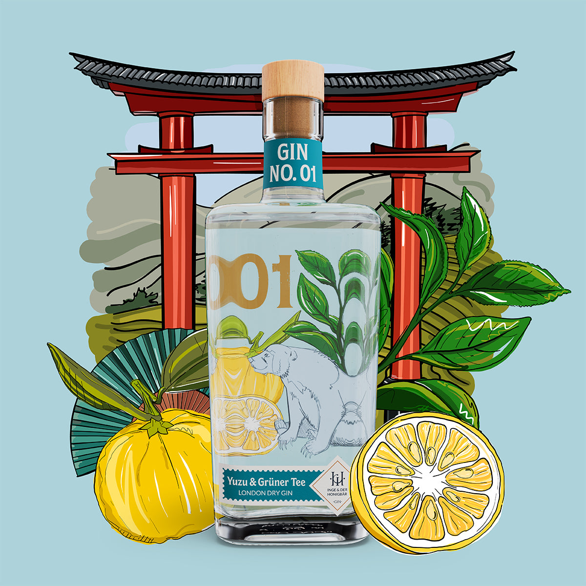 Premium-handgemachter Inge und der Honigbär Yuzu & Grüner Tee – Gin NO. 01 auf illustriertem japanischem Hintergrund
