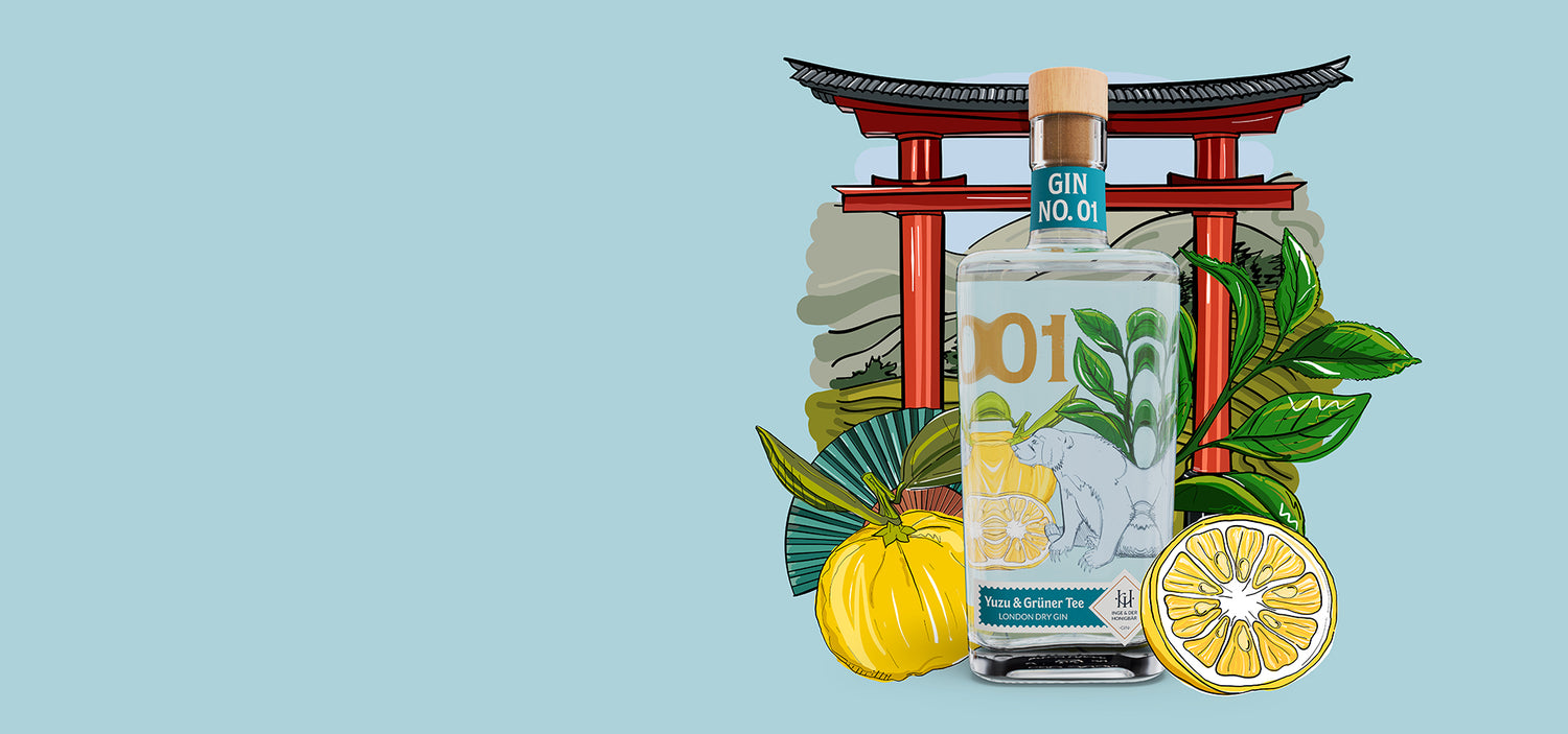 Premium-handgemachter Inge und der Honigbär Gin No. 01 auf illustriertem japanischem Hintergrund