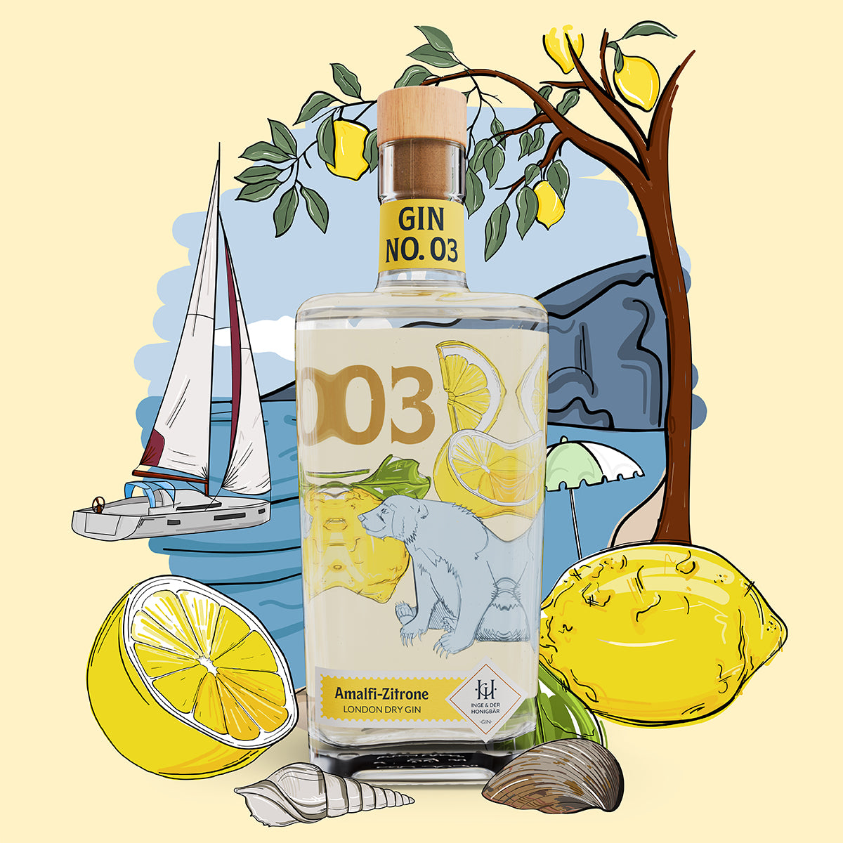 Premium-handgemachter Inge und der Honigbär Amalfi Zitrone – Gin NO. 03 auf illustriertem italienischem Hintergrund