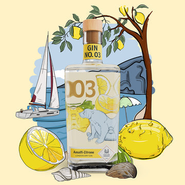 Premium-handgemachter Inge und der Honigbär Amalfi Zitrone – Gin NO. 03 auf illustriertem italienischem Hintergrund