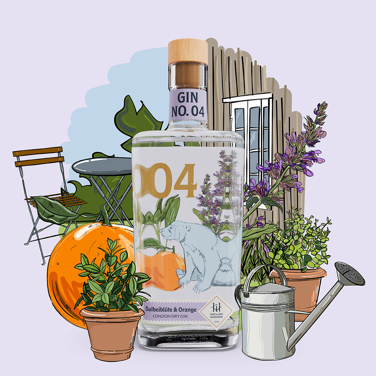 Premium-handgemachter Inge und der Honigbär Salbeiblüte & Orange – Gin NO. 04 auf illustriertem Garten Hintergrund
