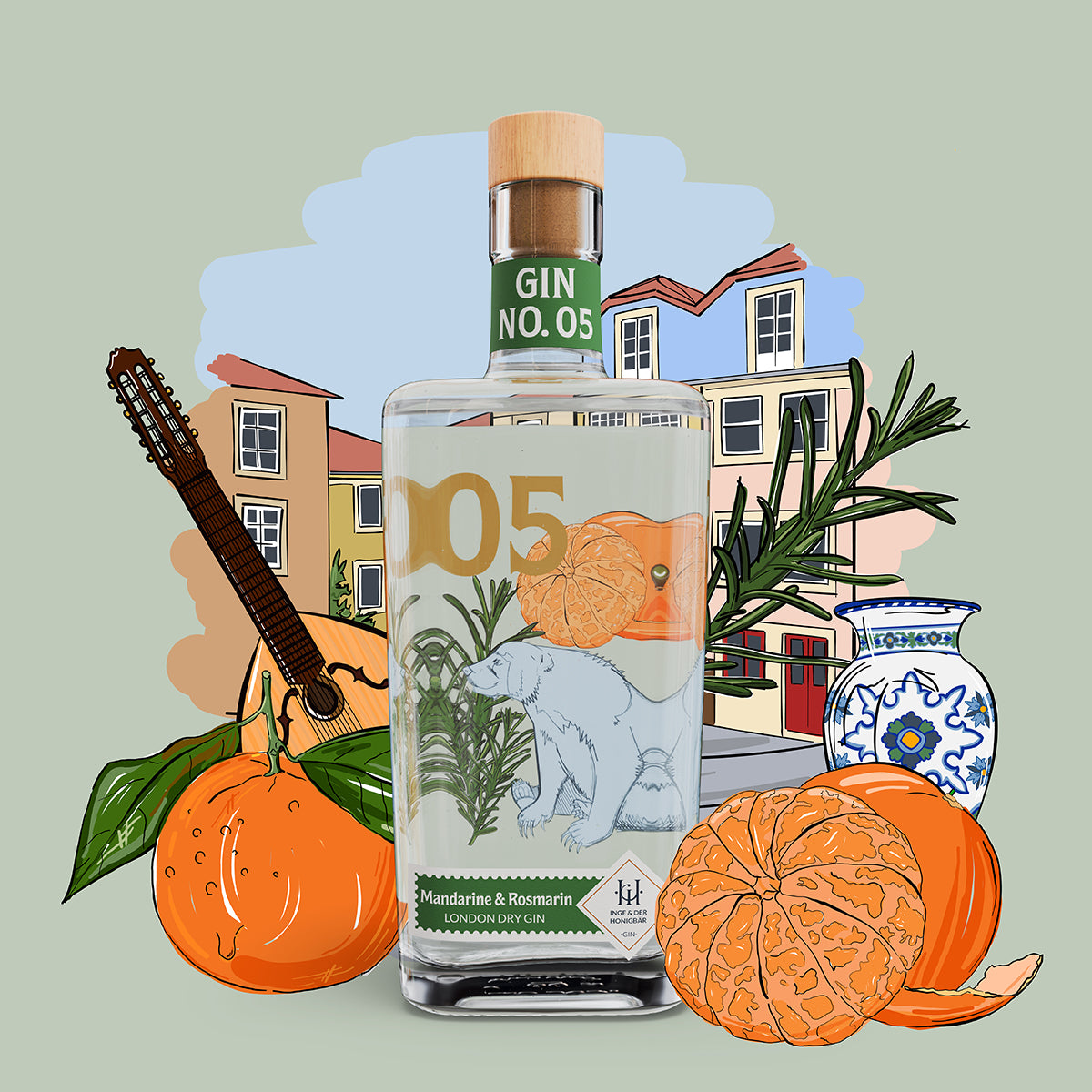 Premium-handgemachter Inge und der Honigbär Mandarine & Rosmarin – Gin NO. 05 auf illustriertem spanischem Hintergrund