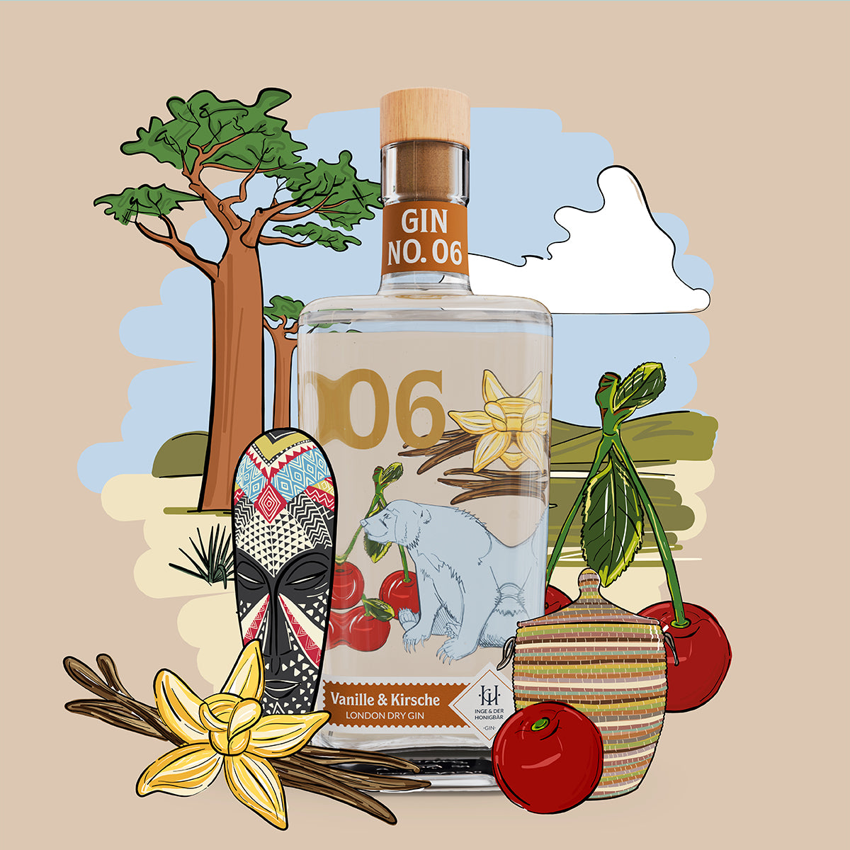 Premium-handgemachter Inge und der Honigbär Vanille & Kirsche – Gin NO. 06 auf illustriertem afrikanischem Hintergrund