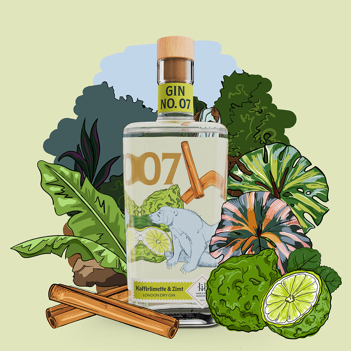 Premium-handgemachter Inge und der Honigbär Kaffirlimette & Zimt – Gin NO. 07 auf illustriertem Dschungel Hintergrund