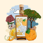 Premium-handgemachter Inge und der Honigbär Pomeranze – Gin NO. 08 auf illustriertem Côte d’Azur Hintergrund