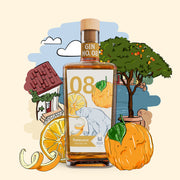 Premium-handgemachter Inge und der Honigbär Pomeranze – Gin NO. 08 auf illustriertem Côte d’Azur Hintergrund