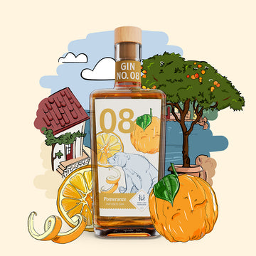 Premium-handgemachter Inge und der Honigbär Pomeranze – Gin NO. 08 auf illustriertem Côte d’Azur Hintergrund