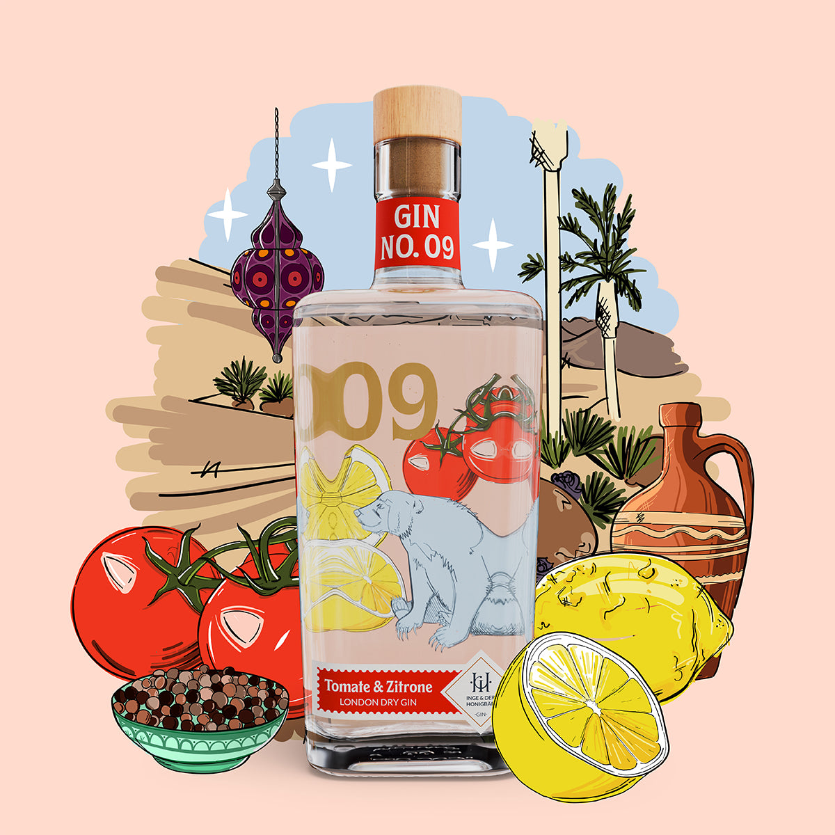 Premium-handgemachter Inge und der Honigbär Tomate & Zitrone – Gin NO. 09 auf illustriertem orientalischem Hintergrund