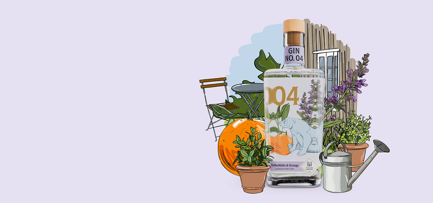 Premium handgemachter Inge und der Honigbär Gin NO. 04 auf illustriertem Garten Hintergrund