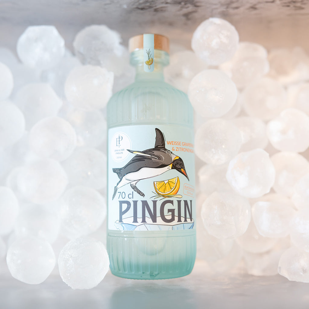 Eine Flasche alkoholfreier Drink Pingin von Erna und der Pinguin, zentral platziert auf einem Bett aus Eis.